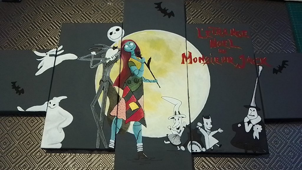 Peinture sur toiles : largeur total 1m X hauteur totale 50cm
Personnes : l'étrange Noël de Mr Jack: @Tim Burton